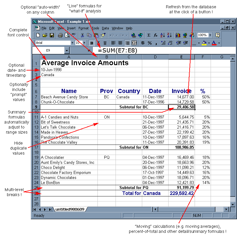 Annotated Excel Screenshot of Spreadsheet Builder Output